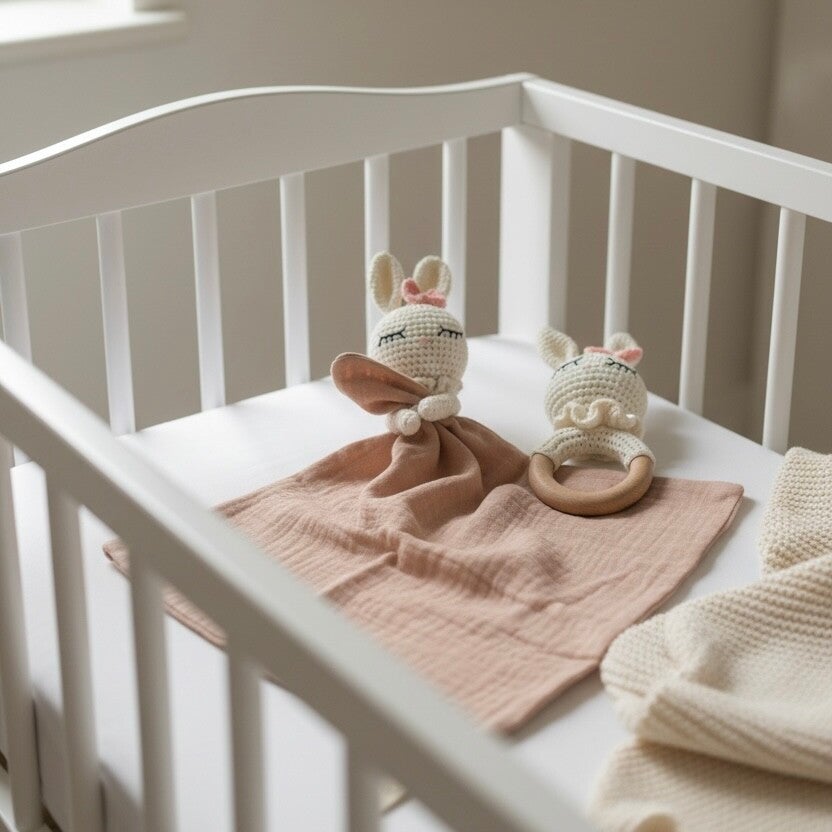 Knuffeldoekje met rammelaar - Konijn - Geborduurd met naam of tekst