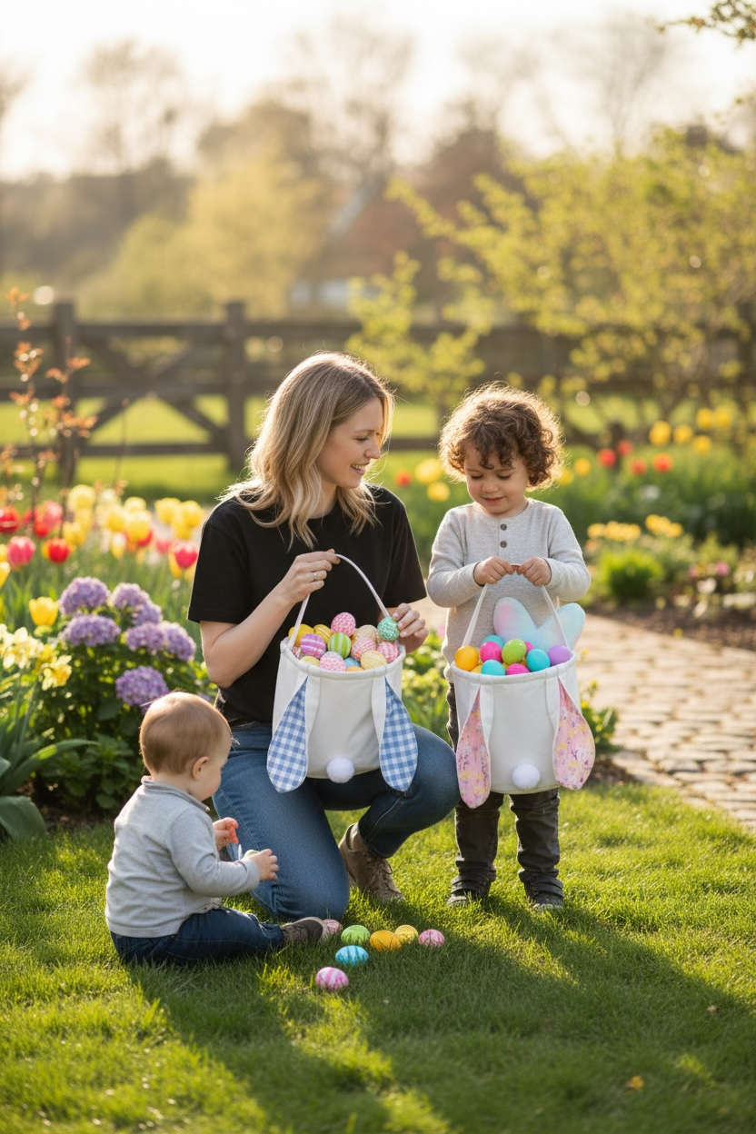 Paasmandje met konijnenoren - geborduurd met naam of tekst naar keuze