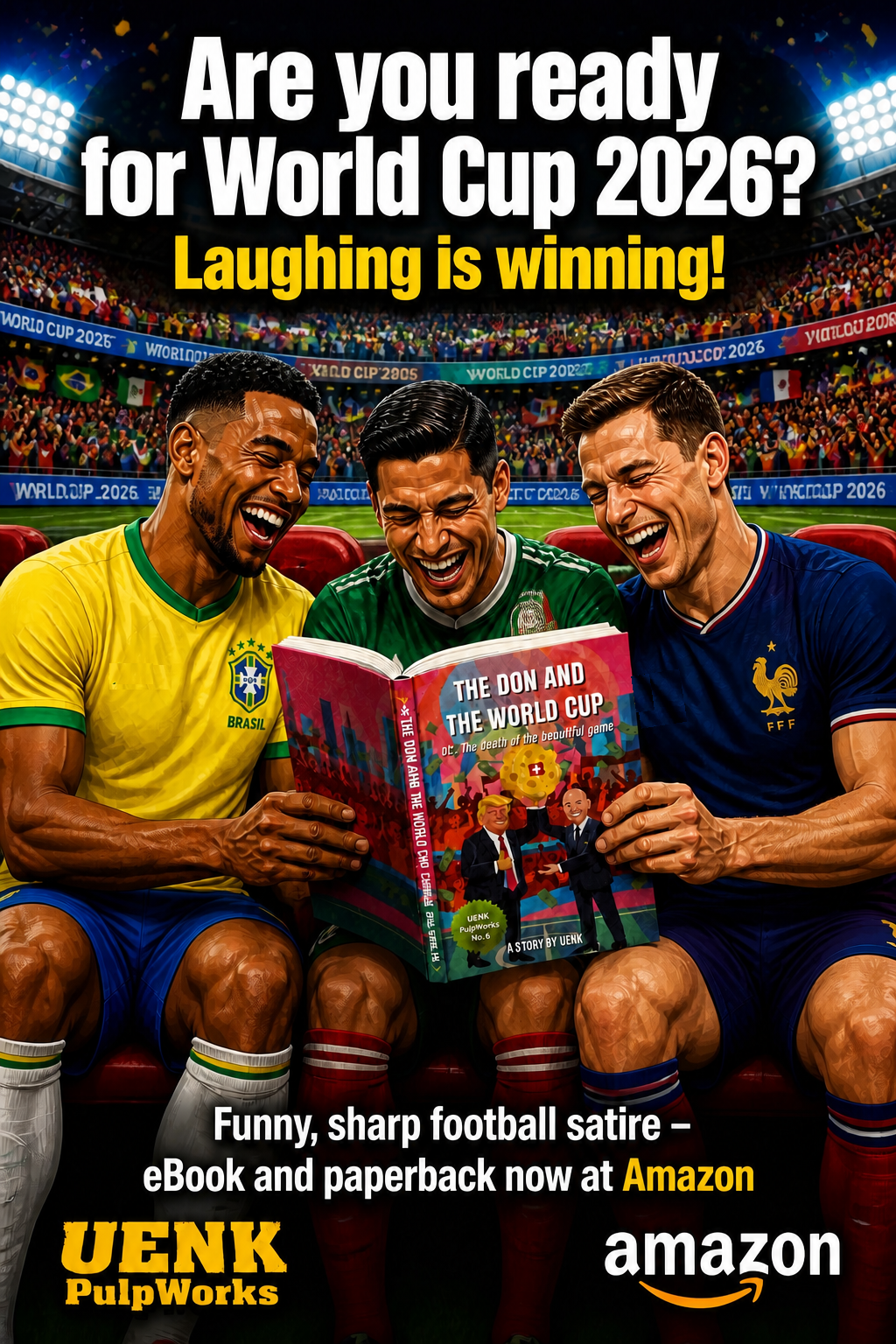 Retro pulp art book cover featuring Donald Trump and Gianni Infantino for the FIFA World Cup in Canada, the USA, and Mexico, designed by UENK PulpWorks
