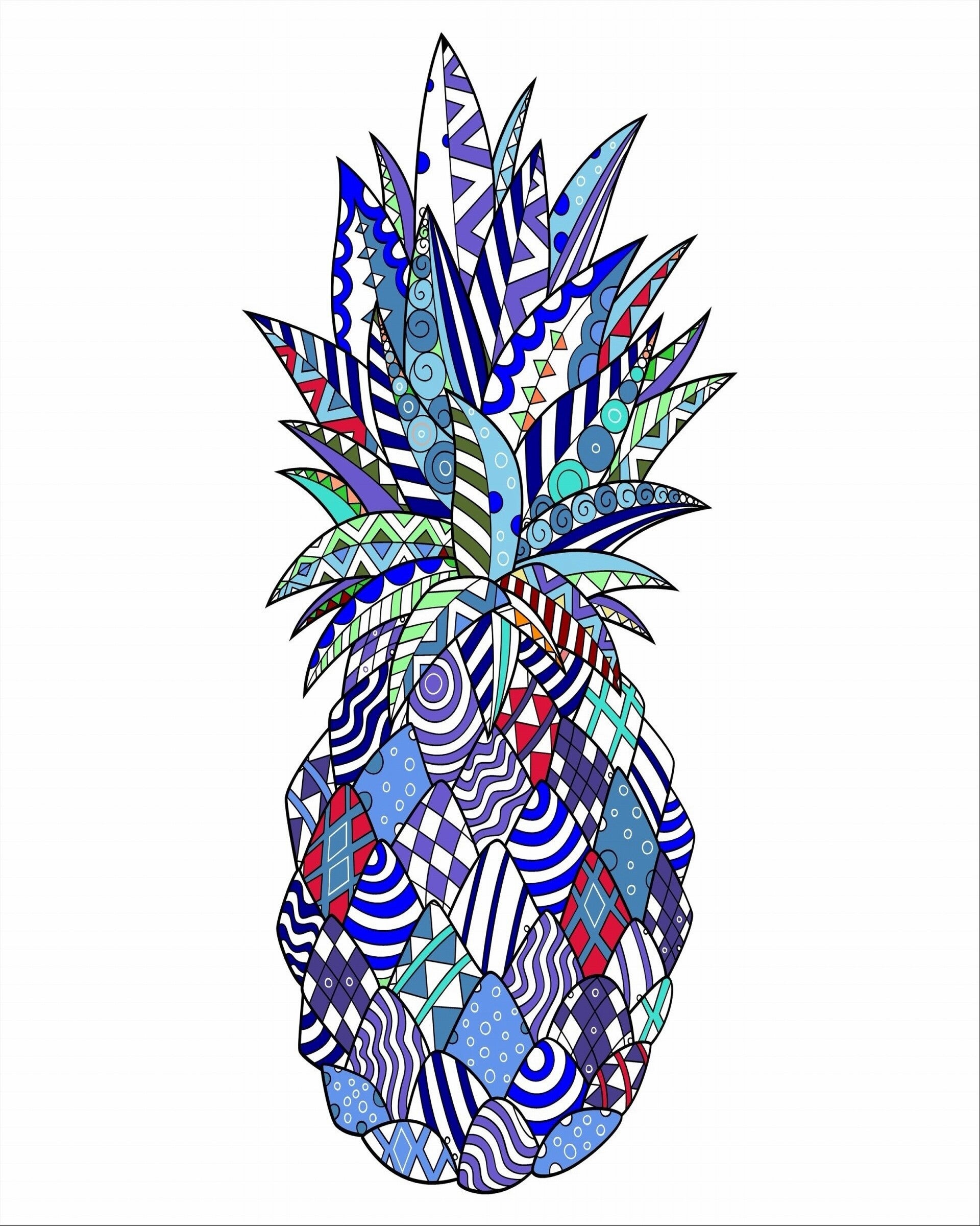 "Blue Pineapple" Whimsical Design Print in 8 x 10 White Beveled Mat