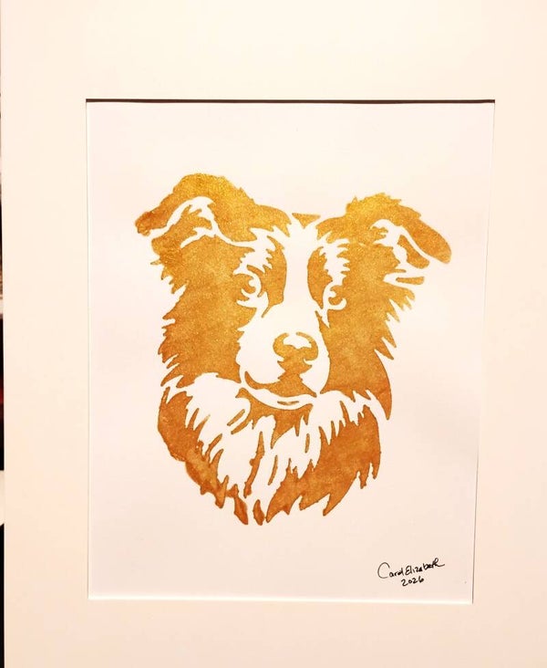 "Border Collie" 11x14 Matted Dog Art Print in Gold Leaf Acrylic