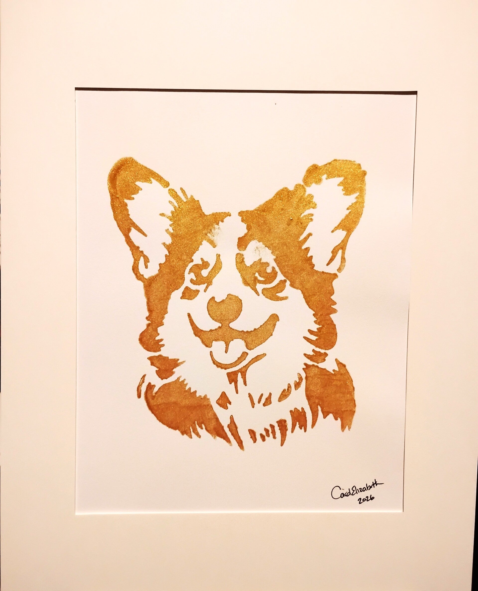 "Corgi" 11x14 Matted Dog Art Print in Gold Leaf Acrylic