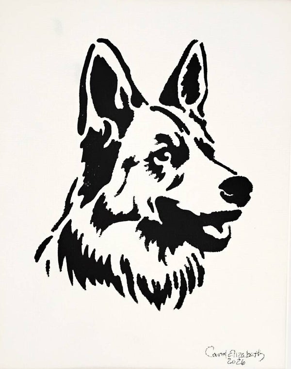 "German Shepherd" Canine Black Acrylic Painting in 11 x 14 White Mat