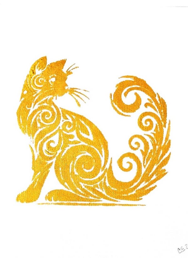 "Fancy Cat" Feline Gold Leaf Acrylic Painting in 11 x 14 White Mat