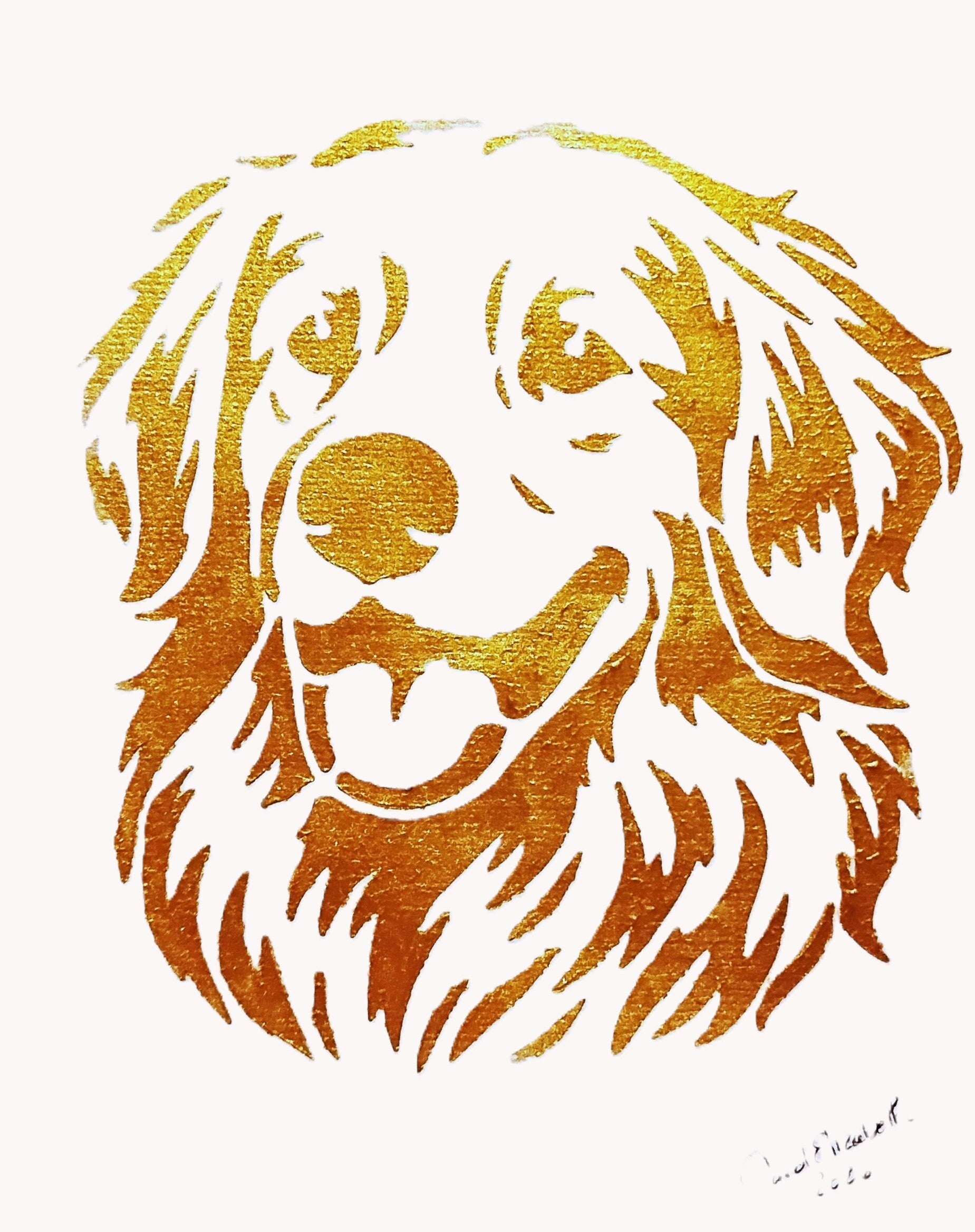 "Golden Retriever 2" Canine Gold Leaf Acrylic Painting in 11 x 14 White Mat
