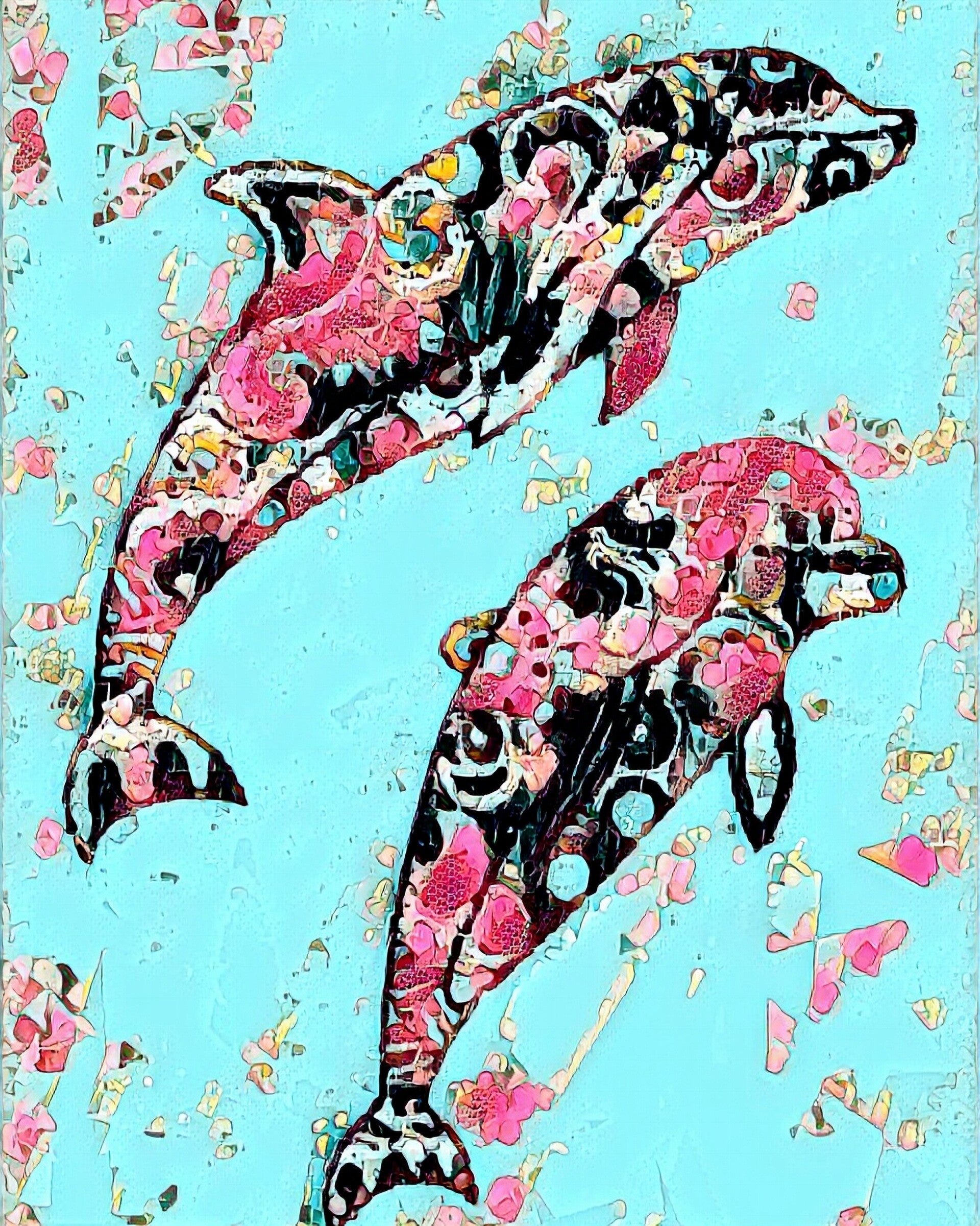 "Paisley Dolphins" Whimsical Design Print in 8 x 10 White Beveled Mat