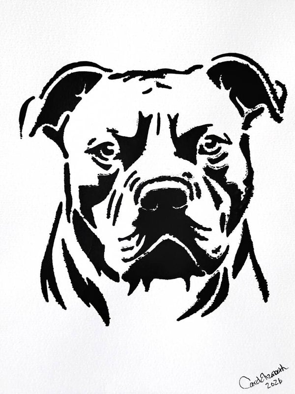 "Pitbull" Canine Black Acrylic Painting in 11 x 14 White Mat