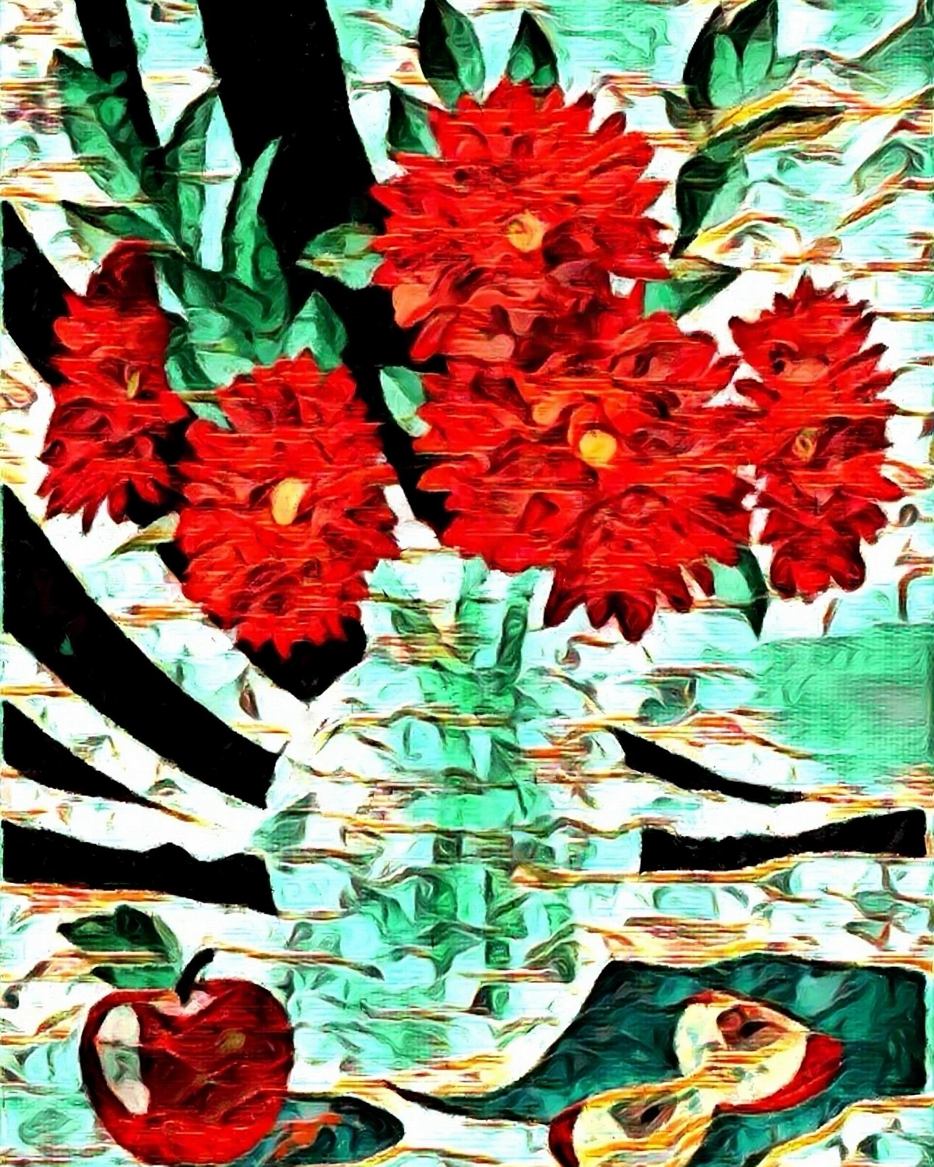 "Red Flowers" Whimsical Design Print in 8 x 10 White Beveled Mat