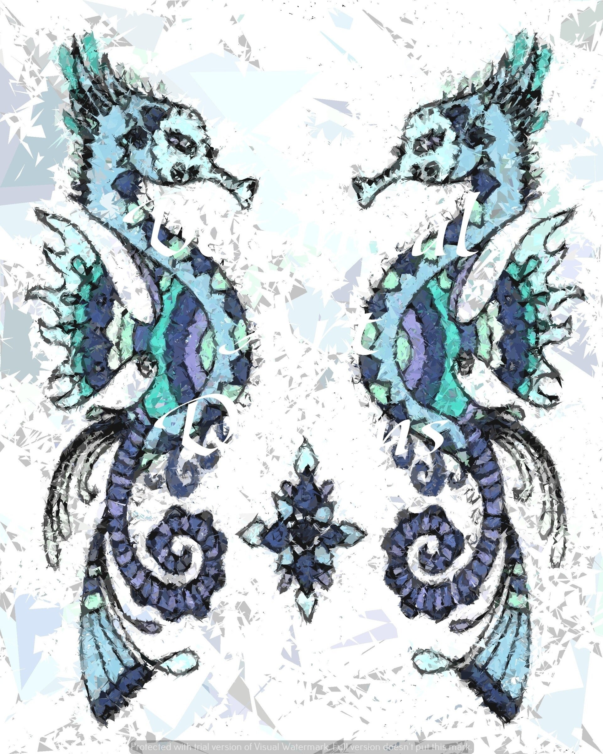 "Seahorses" Whimsical Design Print in 8 x 10 White Beveled Mat