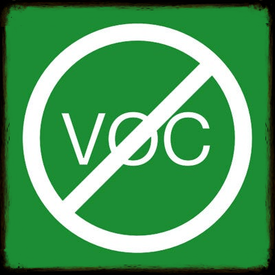 An image in green and white showing a NO VOC sign. 