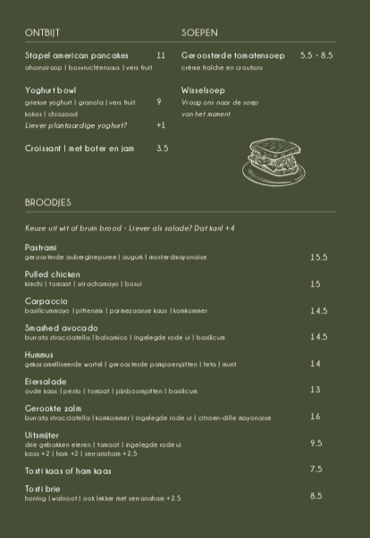 Menukaart Brasserie Jolie | Ontbijt, lunch, huisgemaakt gebak, koffie en high tea