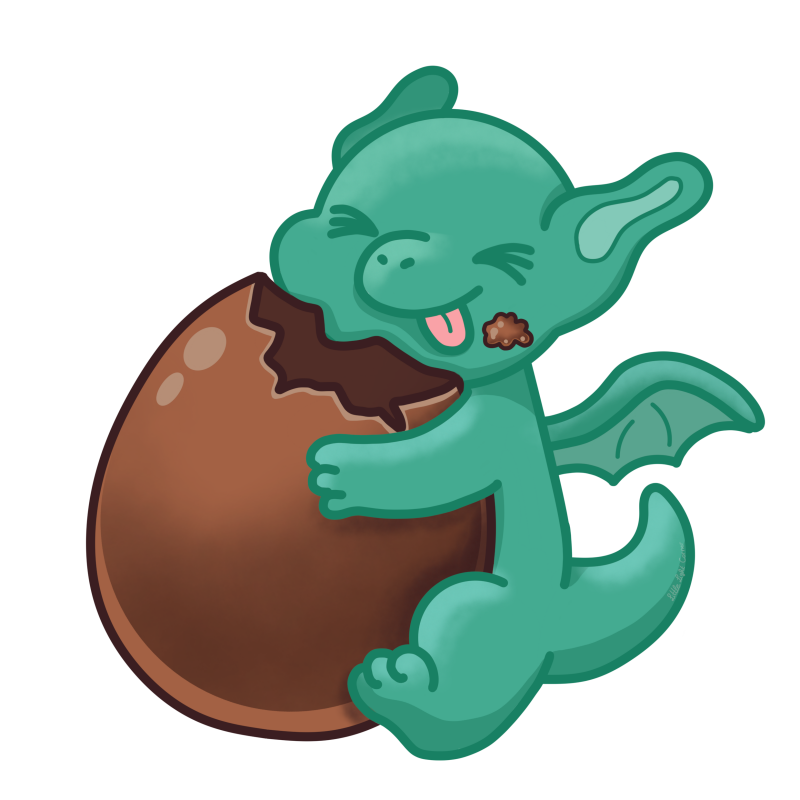 Ein kleiner grüner Drache sitzt vor einem großen Schokoladenei und knabbert daran, mit Schokolade im Gesicht.