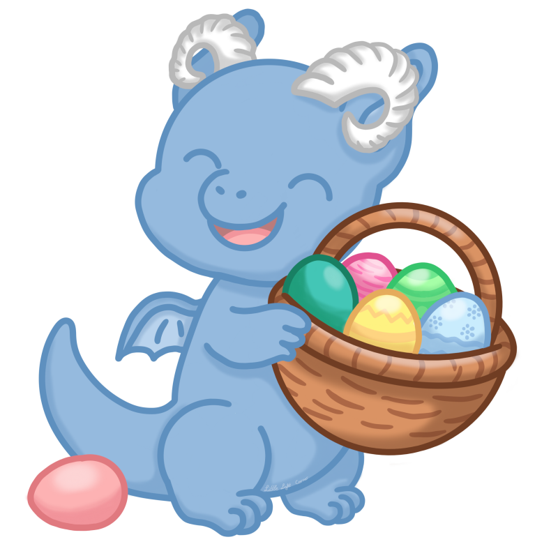 Ein kleiner blauer Drache hält einen Korb voller bunter Ostereier und schaut stolz.