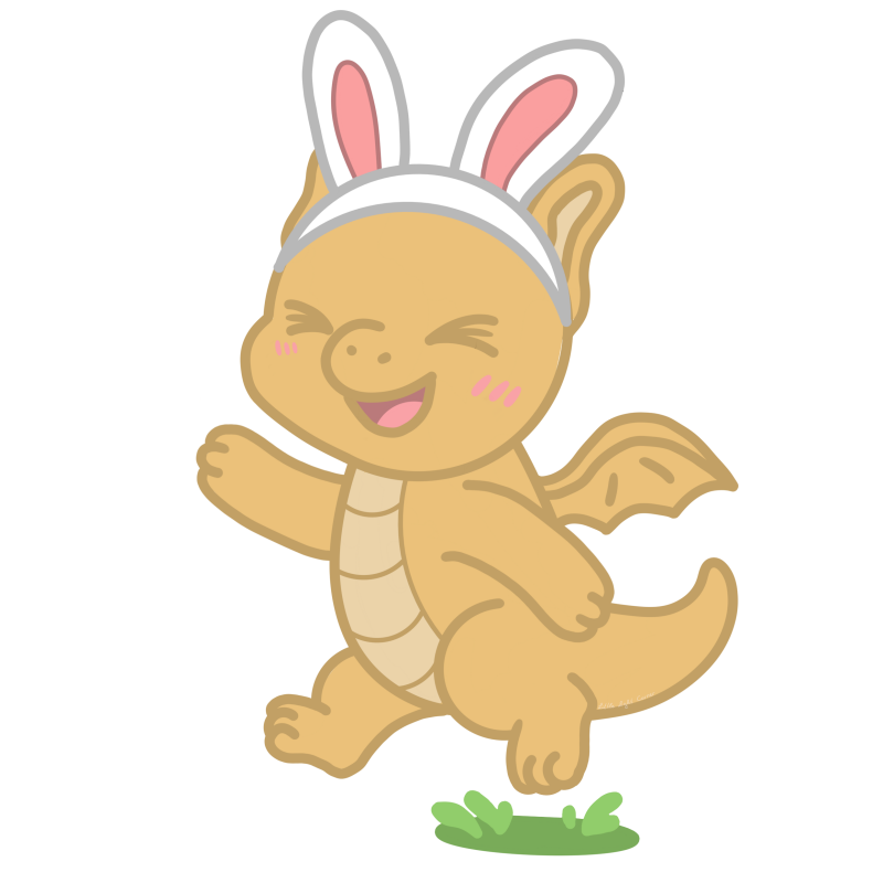 Ei organener Drache trägt ein Hasenohren-Haarreifen und hüpft fröhlich nach vorne.