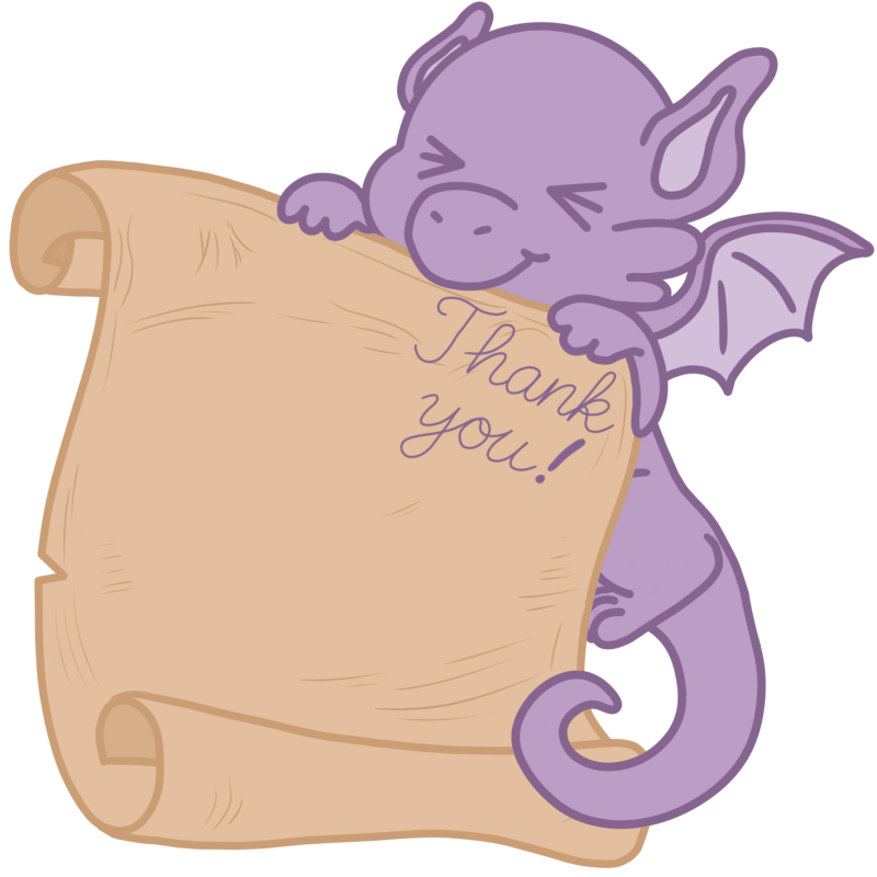 Niedlicher lilafarbener Drache hält ein Pergament mit der Aufschrift „Thank you!“, wirkt fröhlich und dankbar