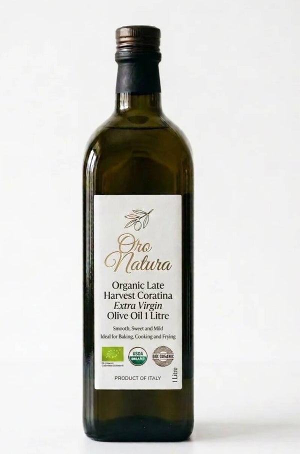 1 LITRE ORGANIC LATE HARVEST CORATINA EVOO.