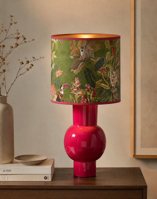 Handgemaakte design tafellamp met fluwelen tropische lampenkap – Fuchsia & Groen – Limited Edition