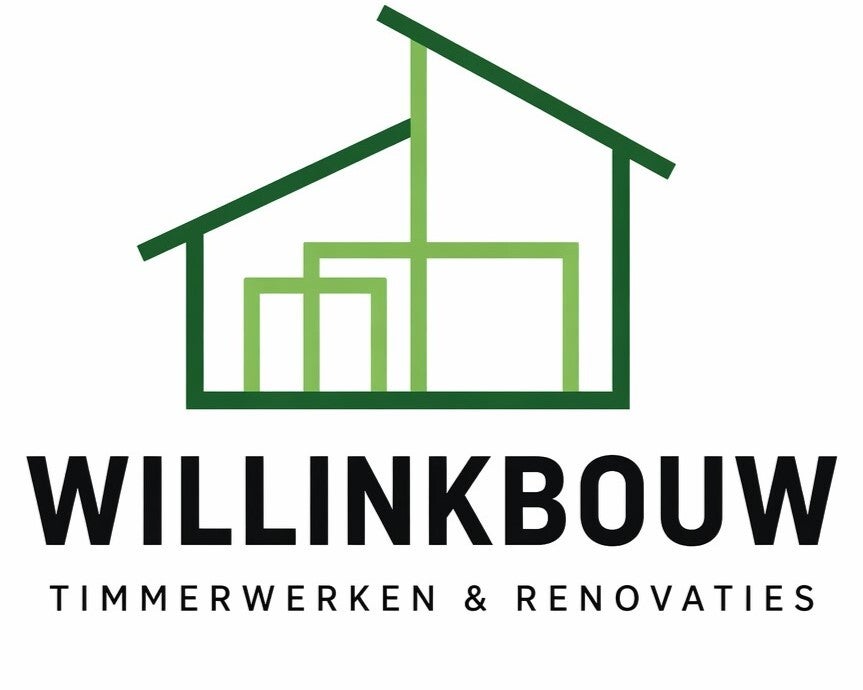 logo van Willinkbouw, gestileerd huis met lijnen in twee verschillende kleuren groen