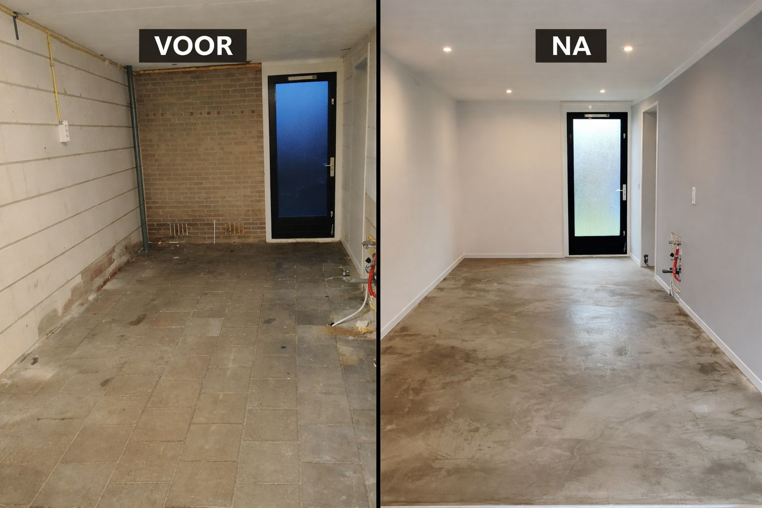 Voor en na foto van een schuur waar de muren, vloer en het plafond zijn gerenoveerd
