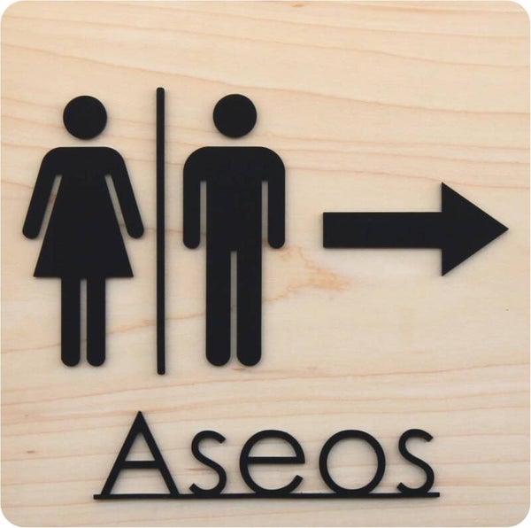 Cartel para Baños/ASEOS/WC Hombre y Mujer en Madera con Letras de Metacrilato Negro Mate - Instalación Fácil con Cinta Adhesiva