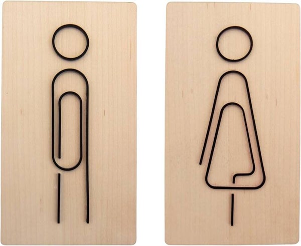 Aseos Hombre Y Mujer, en metacrilato mate, sobre madera de maple.