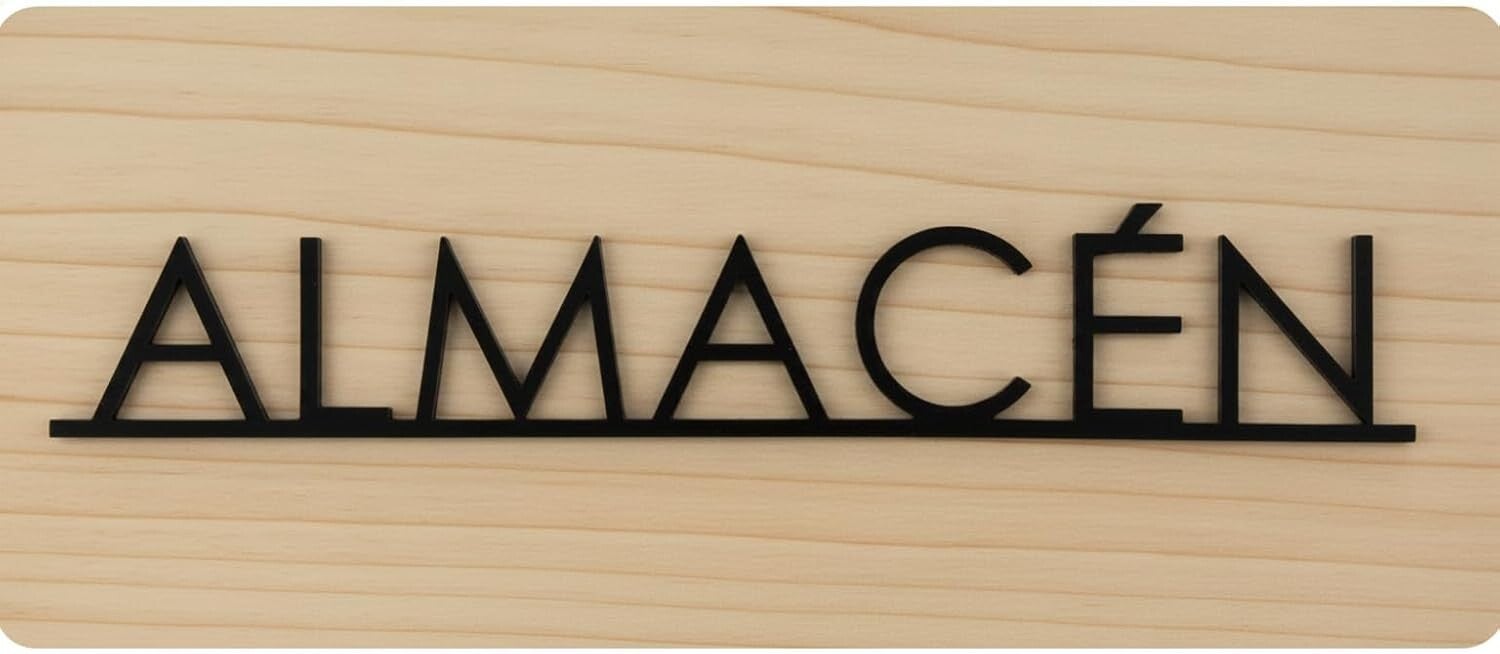 Cartel Almacén en Madera y Metacrilato negro Mate, Señal Almacén Adhesiva para Puertas y Pared