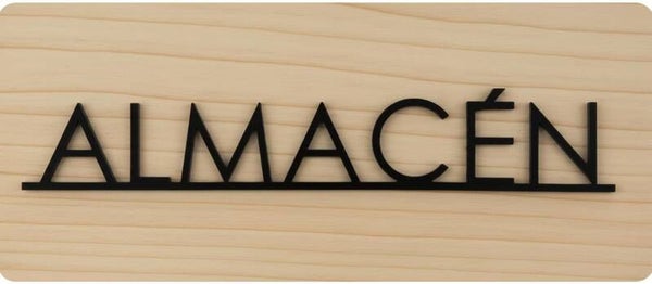 Cartel Almacén en Madera y Metacrilato negro Mate, Señal Almacén Adhesiva para Puertas y Pared