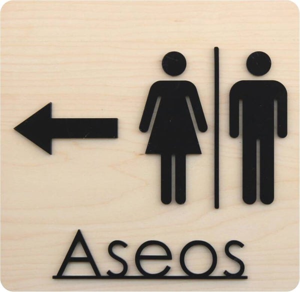 Cartel de Aseo en Madera y Metacrilato Negro - Letrero para Baño Minimalista, de 19,5 x19,5 cm con flecha izquierda.