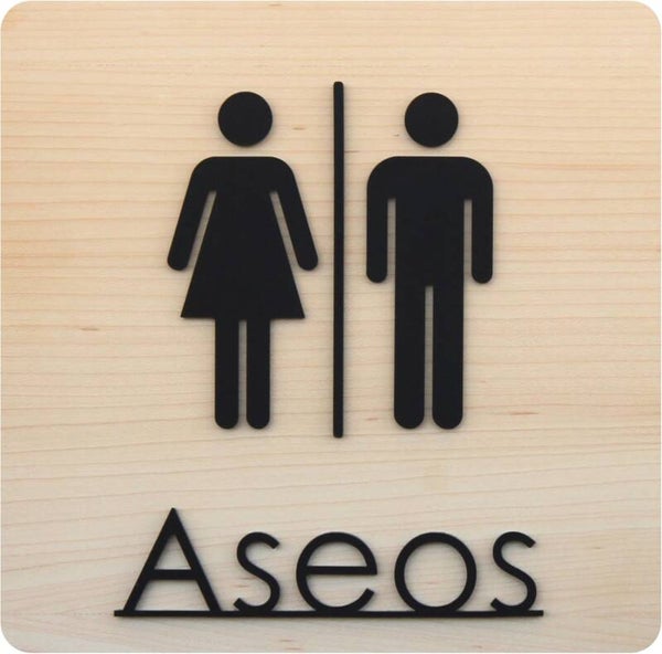 Cartel de Aseo en Madera y Metacrilato Negro - Letrero para Baño Minimalista, de 19,5 x19,5 cm