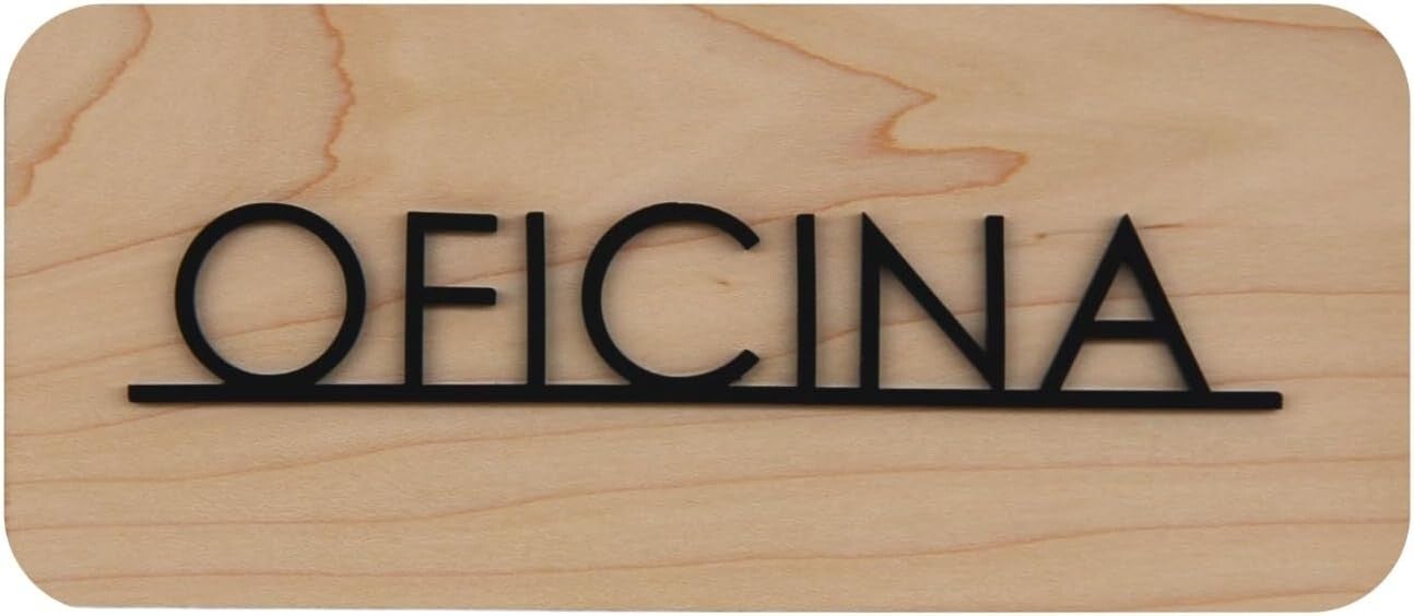 Cartel Oficina en Madera y Metacrilato negro Mate, Señal Oficina Diseño Moderno Adhesivo, Fácil de Colocar para Puertas y Pared
