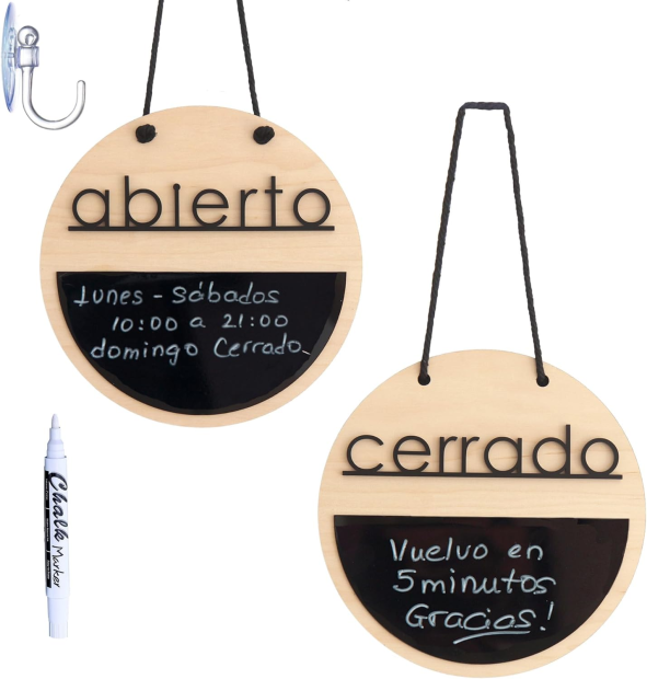 Cartel Pizarra abierto-cerrado en madera y metacrilato negro mate, 19,5 cm de diámetro