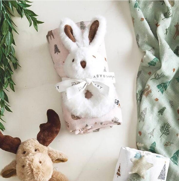 Swaddle with rattle- pink woodland bunny