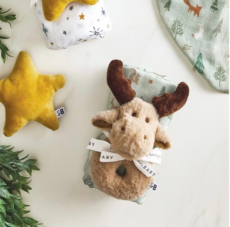 Swaddle with rattle- woodland reindeer