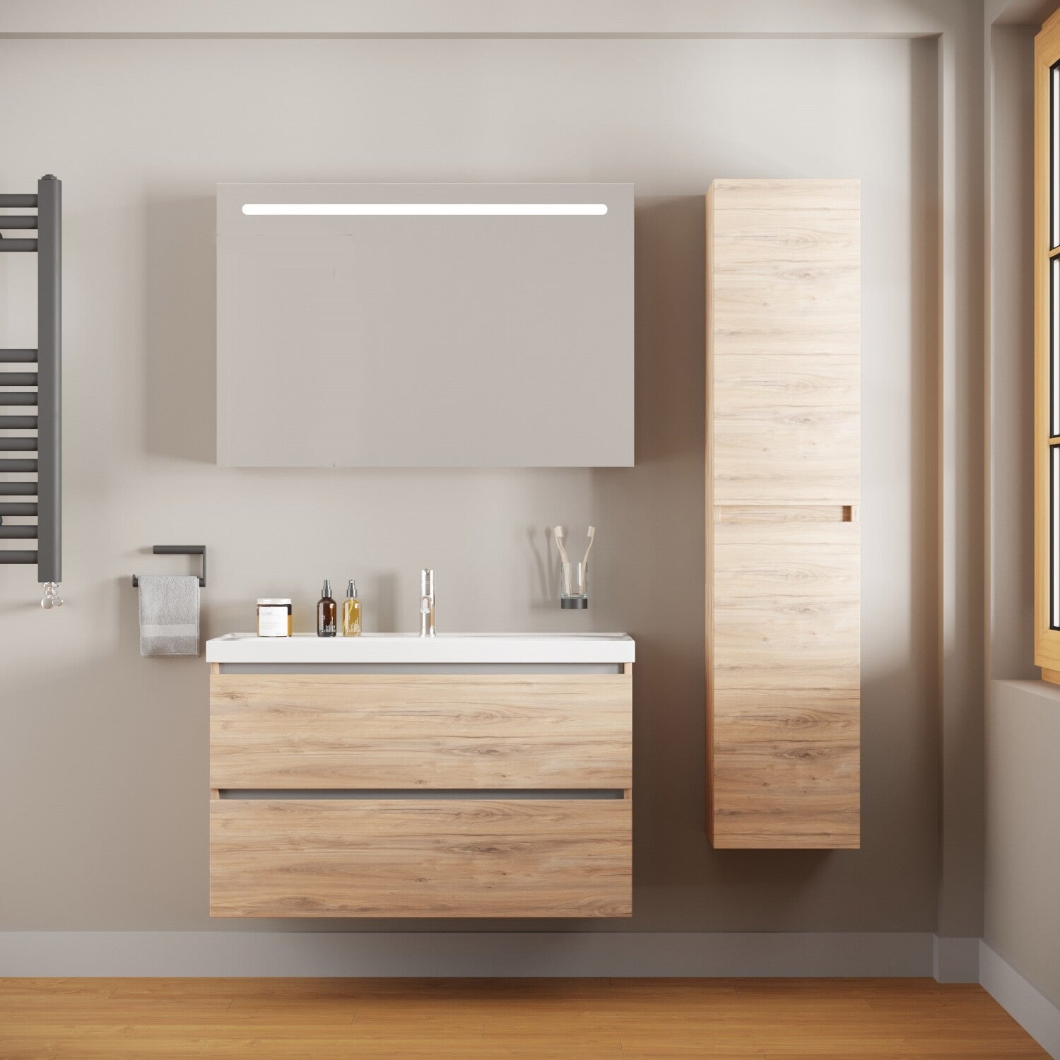 BONN SET 100 cm Badkamermeubel (Dorado) +Wastafel Keramiek+Badkamerspiegel met Led-verlichting