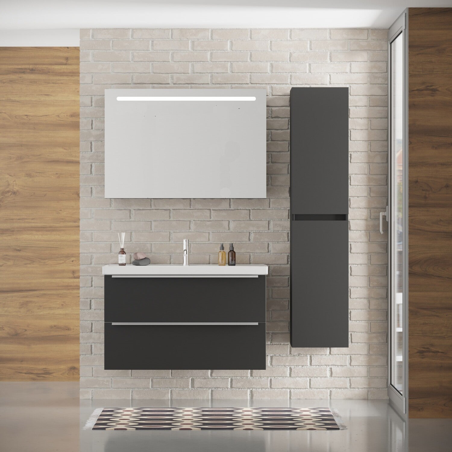 FRANKFURT SET 100 cm Badkamermeubel (Mat Zwart) +Wastafel Keramiek+Badkamerspiegel met Led-verlichting