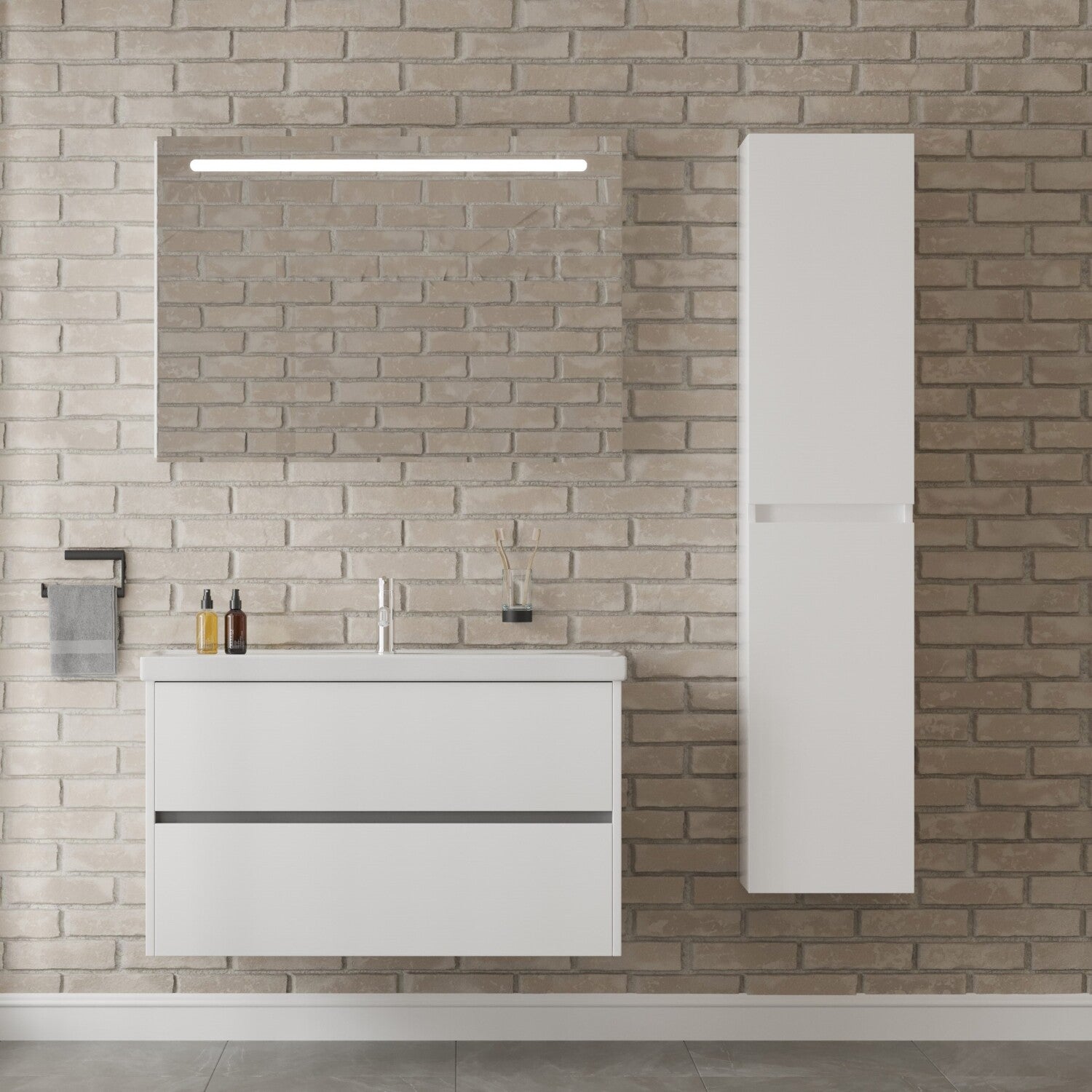 BERLIN SET 100 cm Badkamermeubel (Hoogglans Wit) +Wastafel Keramiek+Badkamerspiegel met Led-verlichting