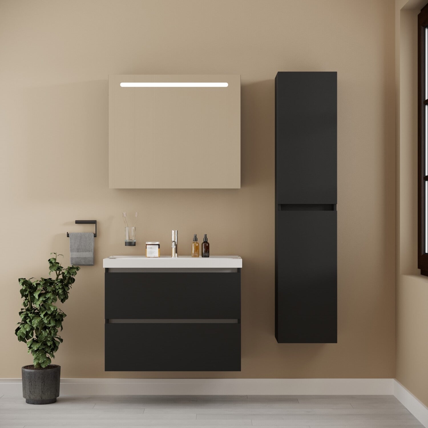 BONN SET 80 cm Badkamermeubel (Mat Zwart) +Wastafel Keramiek+Badkamerspiegel met Led-verlichting