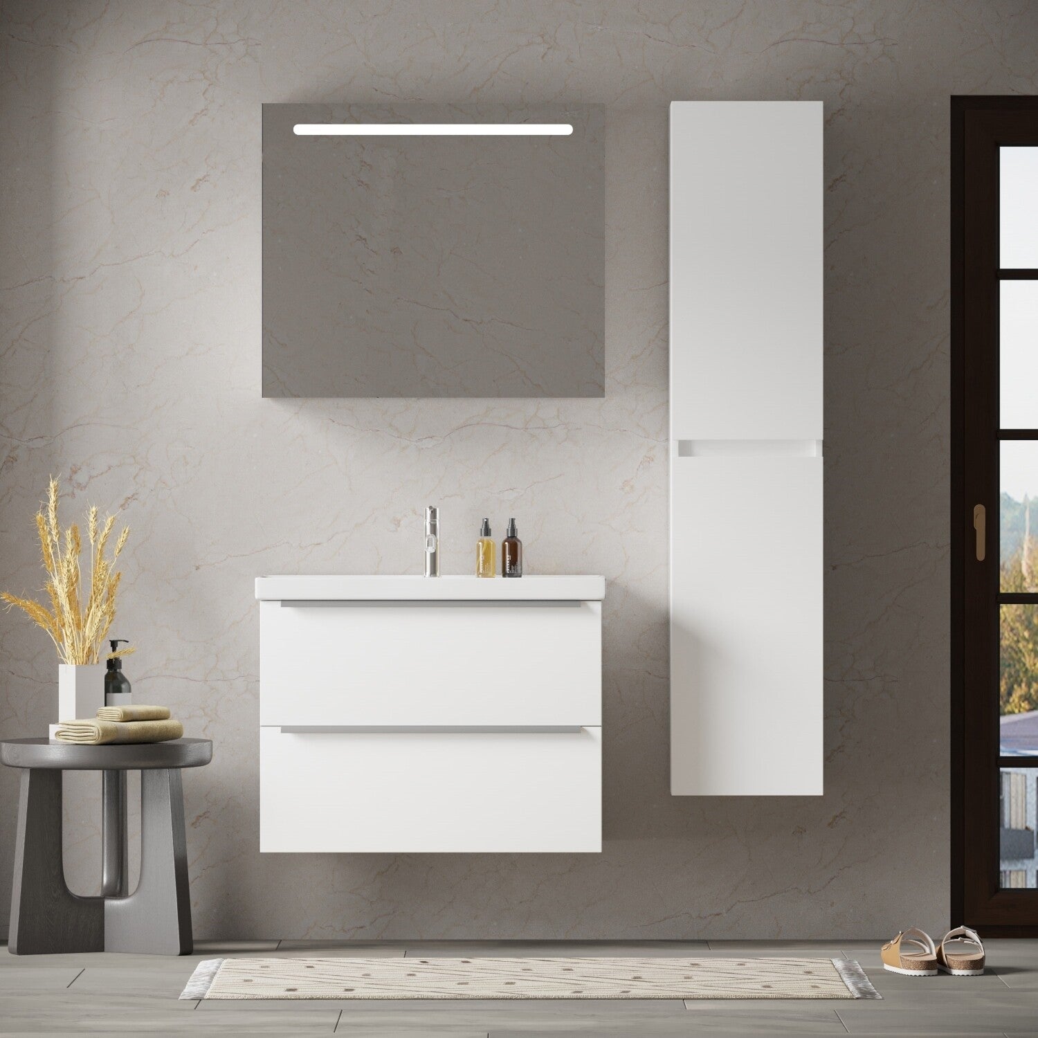 FRANKFURT SET 80 cm Badkamermeubel (Hoogglans Wit) +Wastafel Keramiek+Badkamerspiegel met Led-verlichting