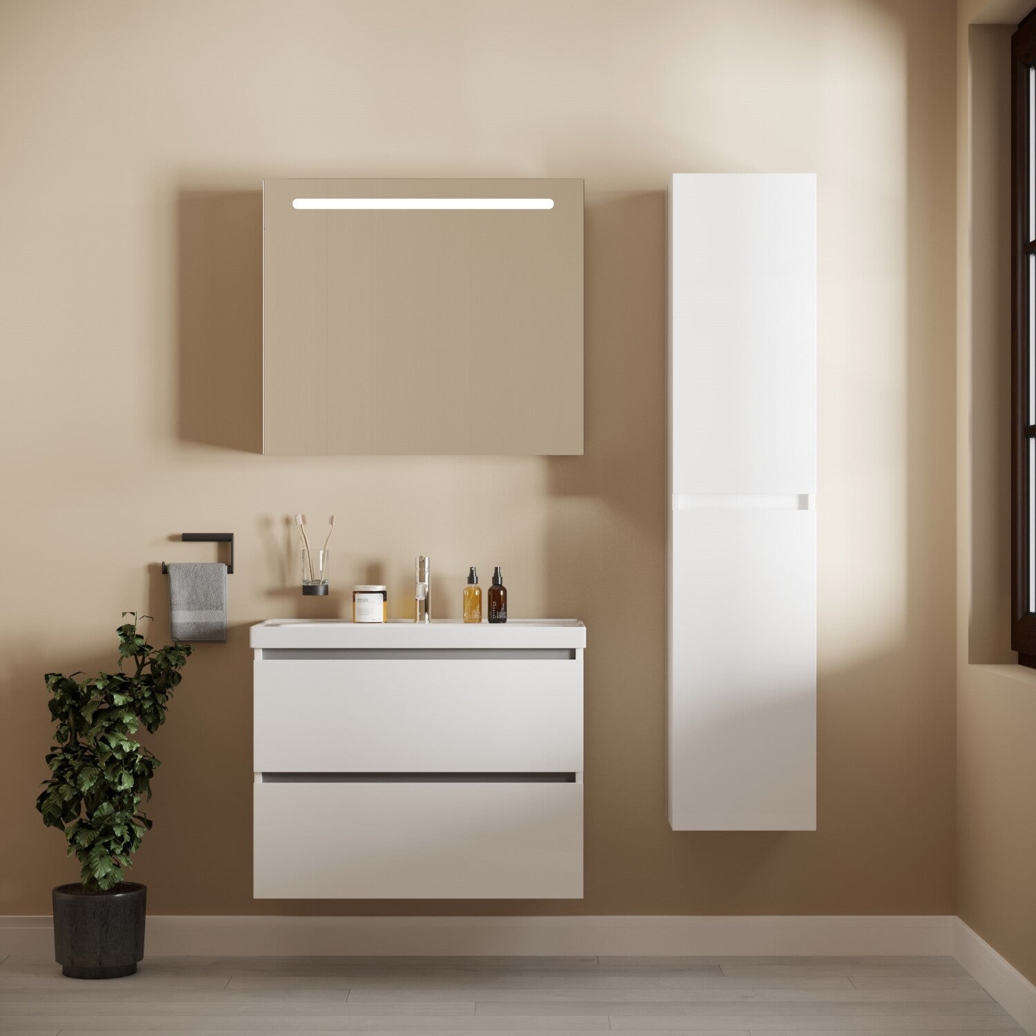 BONN SET 80 cm Badkamermeubel (Hoogglans Wit) +Wastafel Keramiek+Badkamerspiegel met Led-verlichting