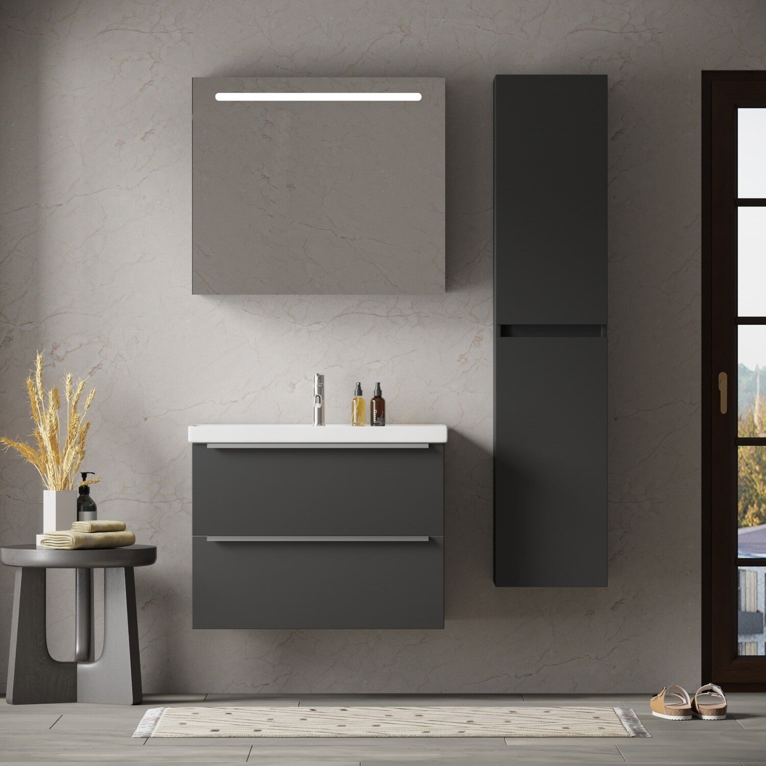 FRANKFURT SET 80 cm Badkamermeubel (Mat Zwart) +Wastafel Keramiek+Badkamerspiegel met Led-verlichting