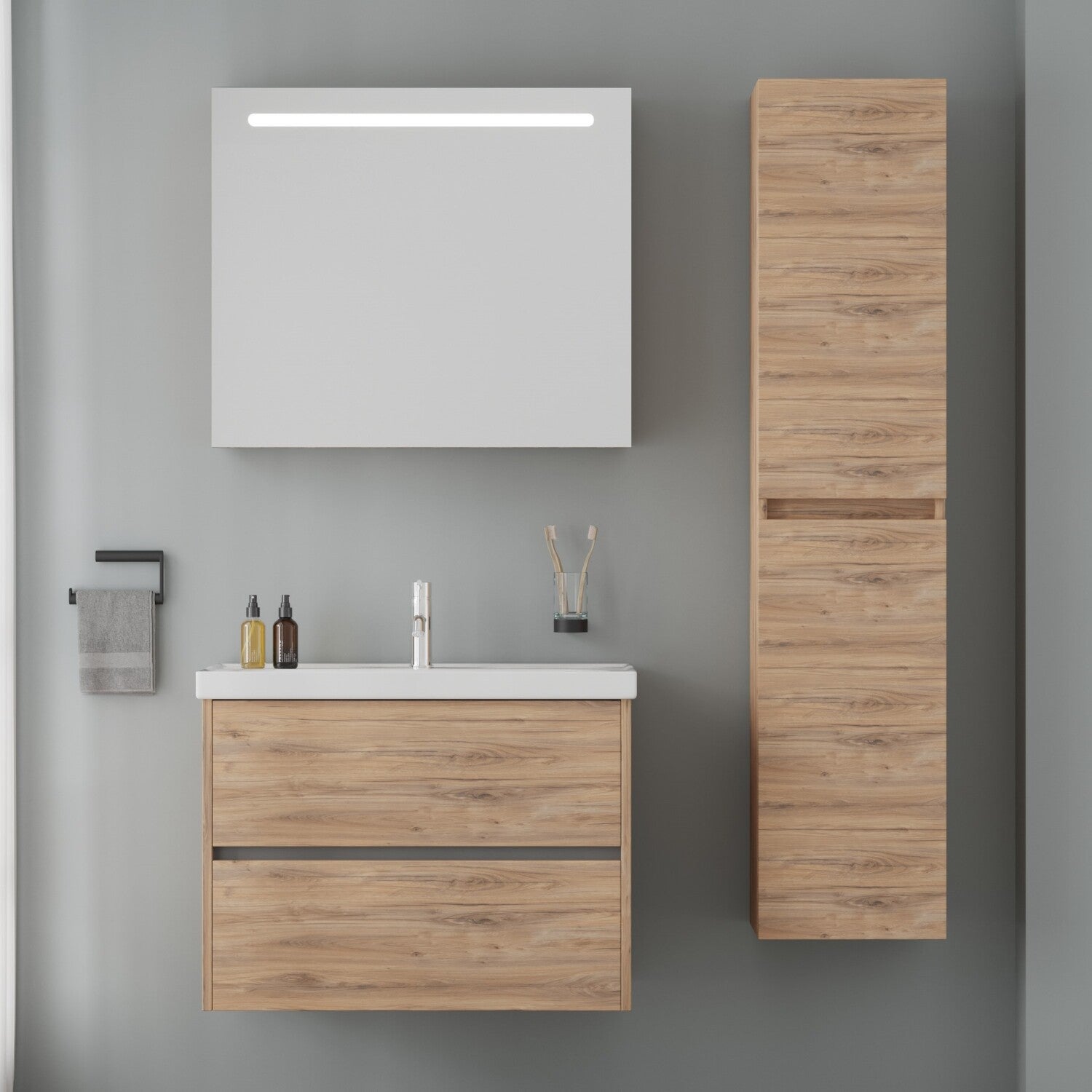 BERLIN SET 80 cm Badkamermeubel (Dorado) +Wastafel Keramiek+Badkamerspiegel met Led-verlichting