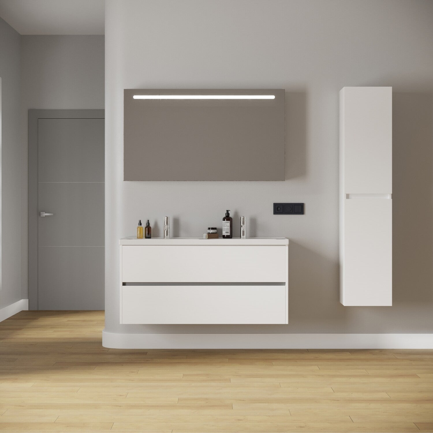 BERLIN SET 120 cm Badkamermeubel (Hoogglans Wit) +Wastafel Keramiek+Badkamerspiegel met Led-verlichting
