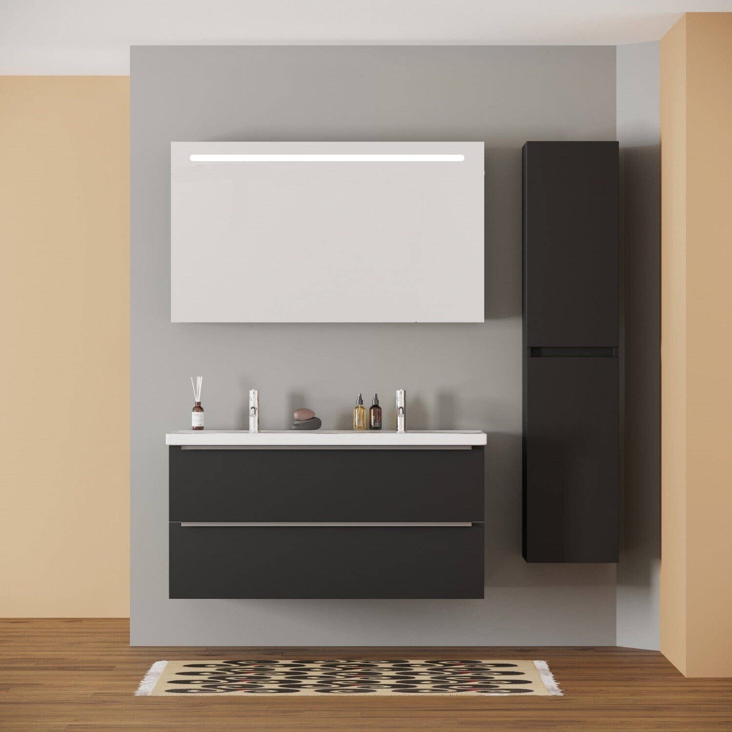 FRANKFURT SET 120 cm Badkamermeubel (Mat Zwart) +Wastafel Keramiek+Badkamerspiegel met Led-verlichting