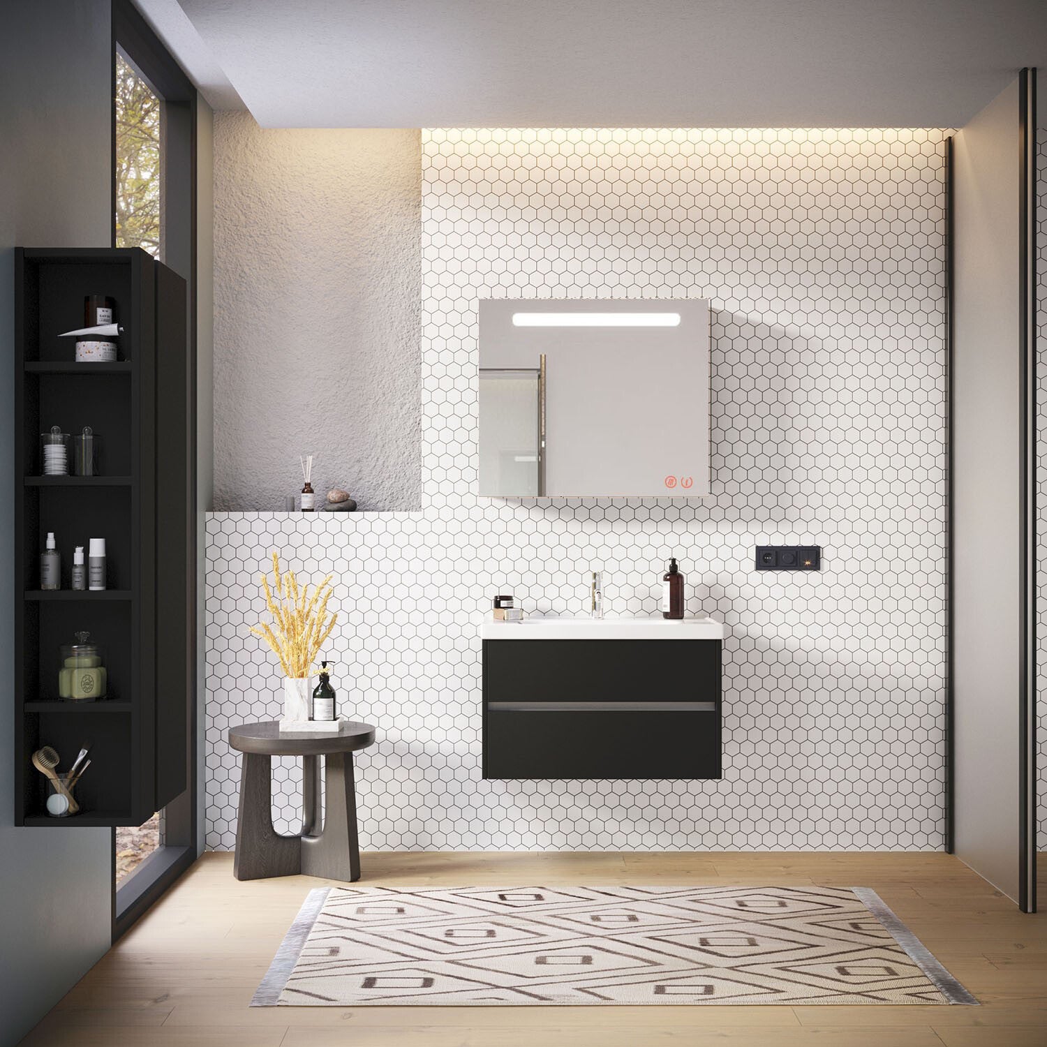 JENA SET 80 cm Badkamermeubel( Mat Zwart) +Wastafel Keramiek+Badkamerspiegel  met Led-verlichting