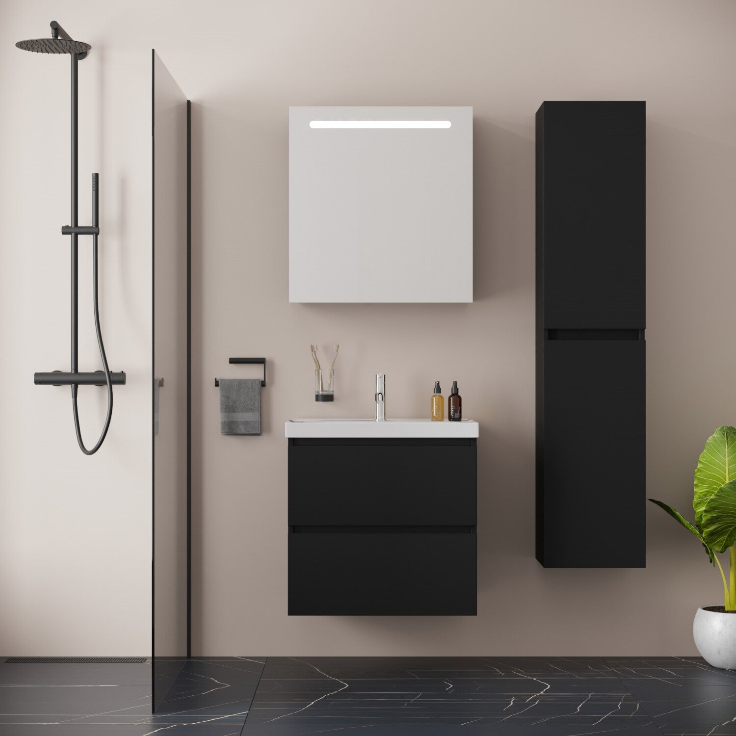 BONN SET 65 cm Badkamermeubel (Mat Zwart) +Wastafel Keramiek+Badkamerspiegel met Led-verlichting