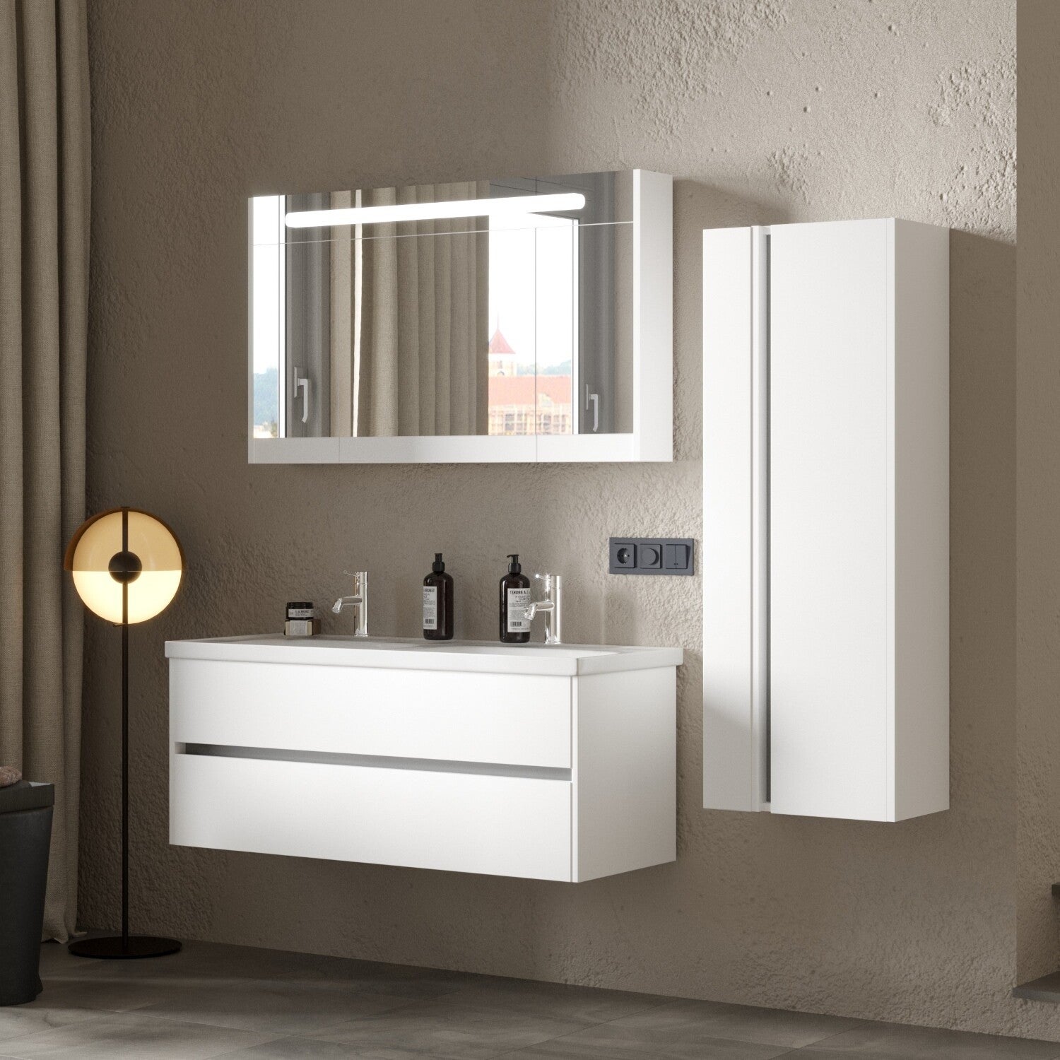 JENA SET 120 cm Badkamermeubel ( Hoogglans Wit ) +Wastafel Keramiek+ Led Spiegelkast