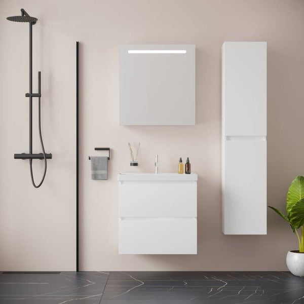 BONN SET 65 cm Badkamermeubel (Hoogglans Wit) +Wastafel Keramiek+Badkamerspiegel met Led-verlichting