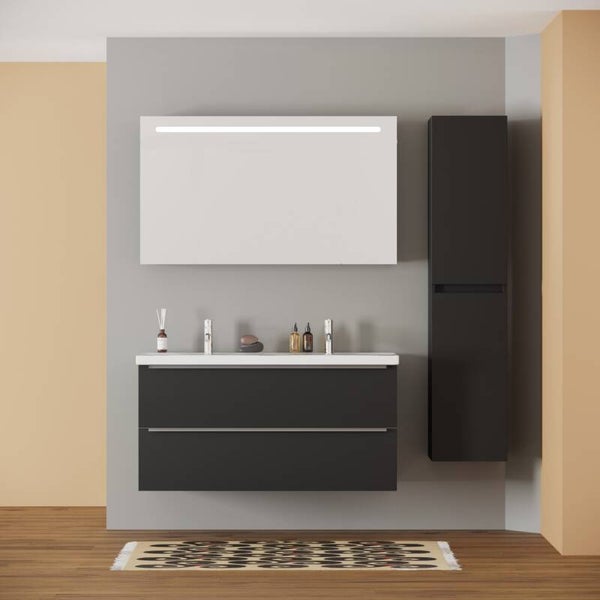 FRANKFURT SET 120 cm Badkamermeubel (Mat Zwart) +Wastafel Keramiek+Badkamerspiegel met Led-verlichting