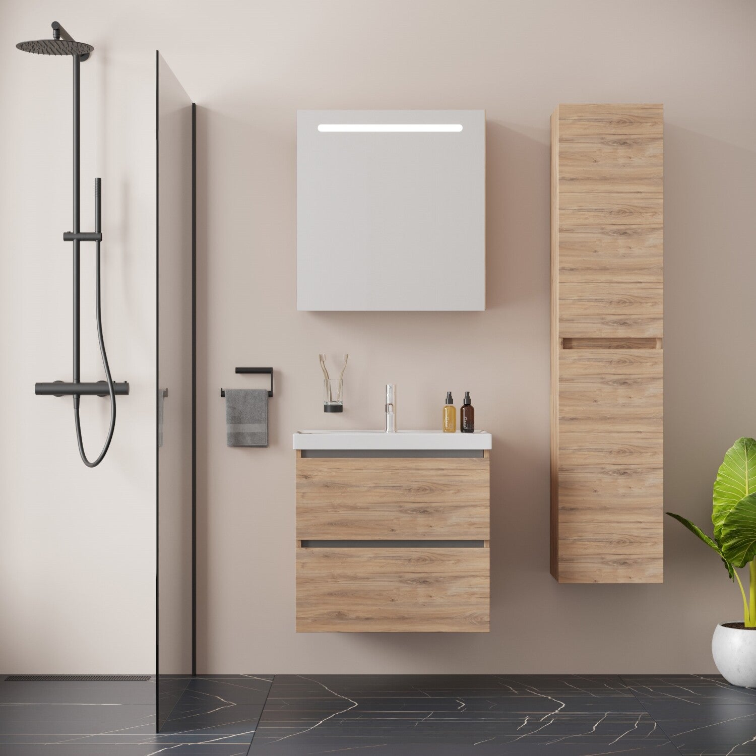 BONN  SET 65 cm Badkamermeubel (Doroda) +Wastafel Keramiek+Badkamerspiegel met Led-verlichting