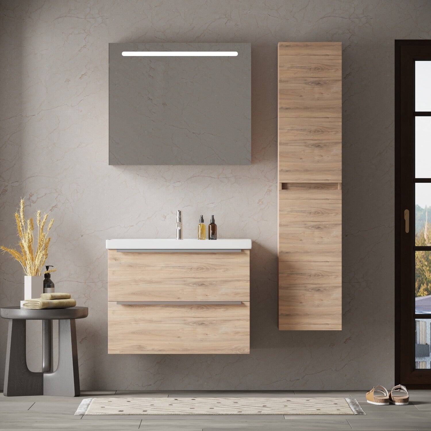 FRANKFURT SET 80 cm Badkamermeubel (Dorado) +Wastafel Keramiek+Badkamerspiegel met Led-verlichting